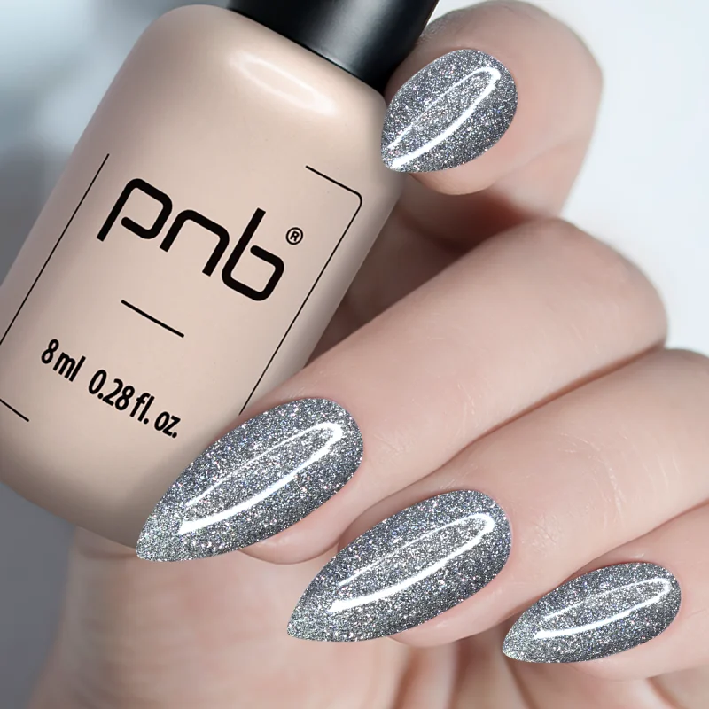 Lakier Hybrydowy PNB 01 Silver Shock Effect – Srebrny Brokatowy z Odblaskiem, Trwały Manicure UV/LED 8ml - obrazek 2